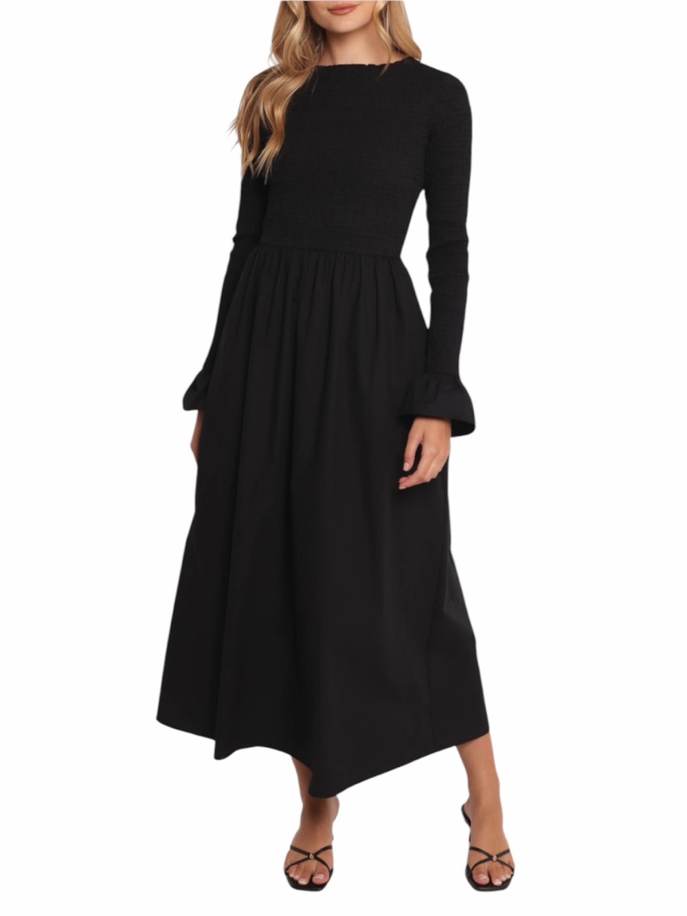 NWT Petal & Pup Maxi Dress Womens Size M Black Smocked Long Sleeve